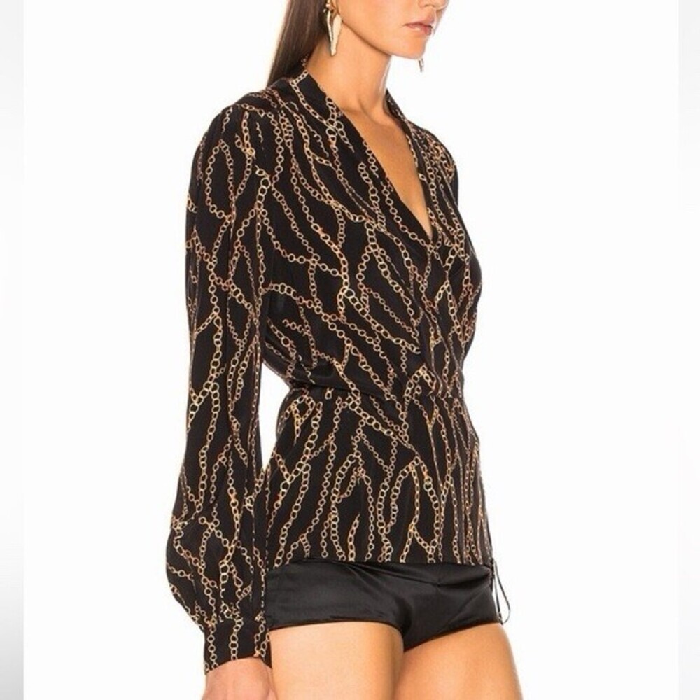 L'AGENCE Cara Black Silk Chain Printed Wrap Blouse (113)
